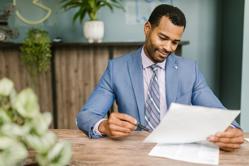 An accountant reviews tax forms.